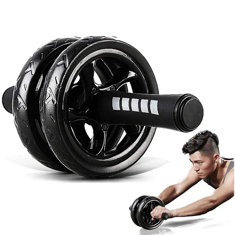 Black ab roller with a person using it on a white background